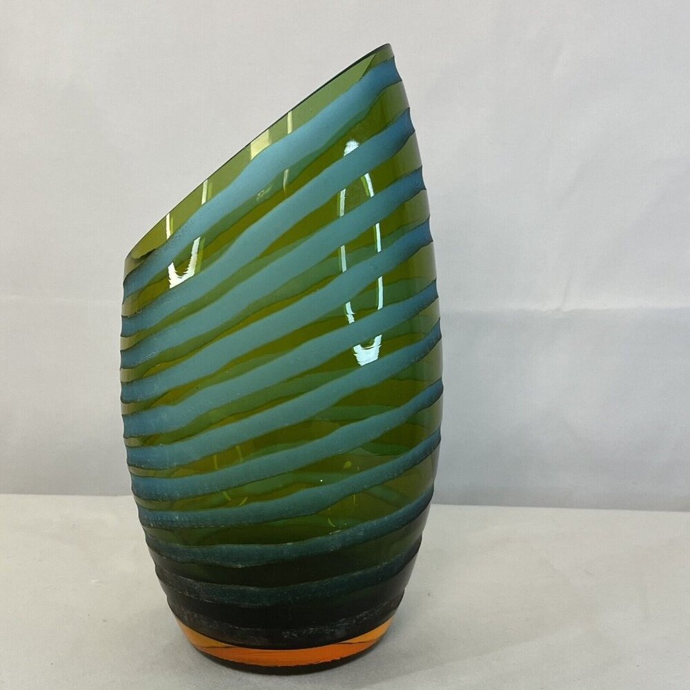 $55 Vintage Cyan Design Angle Cut Etched Art Deco Glass Tall Vase Green Blue - Picture 3 of 7